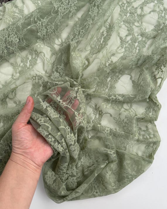 Sage Floral Stretch Lace Fabric by yard, Vintage Style 4 Way Stretchy Sheer Vintage Soft for Dress,  Gowns, Lingerie, Overlays, Bridals