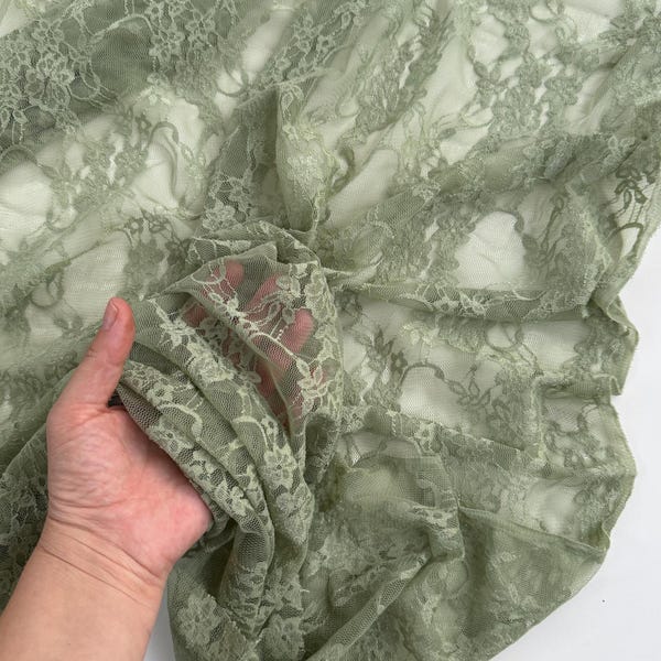 Tissu en dentelle extensible floral sauge par mètre, style vintage, 4 directions, extensible, transparent, doux, pour robe, robes de chambre, lingerie, superpositions, articles de mariée