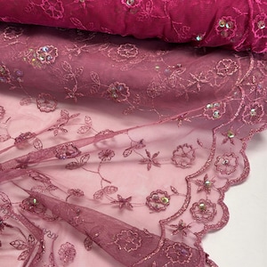 Blush Pink Floral Lace Fabric by Yard Embroidered Tulle Mesh Lace for Dresses Gowns, Bridal Prom Evening Wear Sheer Flower Lace Material 56w