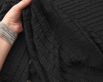 Black Smocked Ruffle Knit Fabric by Yard, 4-Way Stretch Shirred Poly Spandex, 58/60" Width