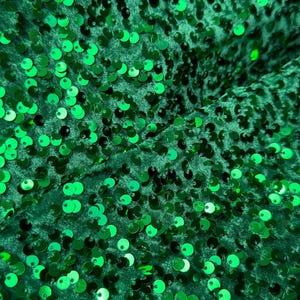 Può includere: Tessuto verde ricoperto di piccole paillettes rotonde. Le paillettes sono disposte molto vicine tra loro e creano un effetto scintillante.