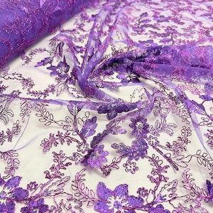 Tissu dentelle floral violet par mètre, broderie avec cordon, tissu à paillettes non extensible pour robes de chambre, robe de fille, voile de mariée, décoration d&#39;événement