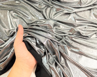 Silver Metallic Lurex Spandex Fabric by Yard, Shiny 4 Way Stretch Knit, Foil Shimmer Fabric for Gowns, Costumes, Dancewear 250GSM