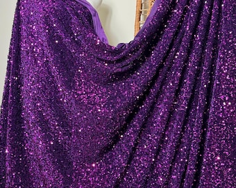Purple Sequin Stretch Velvet Fabric by Yard, Sparkly Violet Sequined Material for Gowns Prom Dress Fabric, Bows, Backdrops, Premium Quality