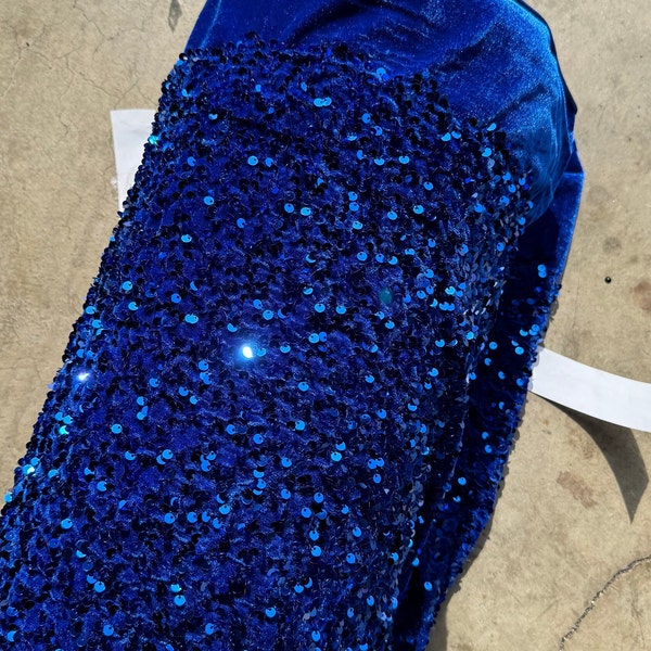 Royal Blue Sequin On Stretch Velvet, Fabric by the Yard, Sparkle Electric Blue Stretch Velvet with Sequins, for Gown, DYI Bows, Best Price