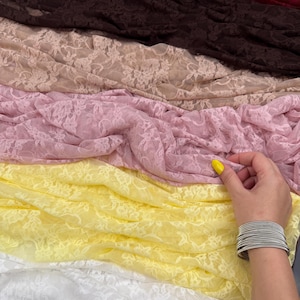 Vintage Floral Stretch Lace Fabrics In Multiple Colors Including Pink, White, Black, Yellow, And Burgundy By GalaTextile For Lingerie And Bridal Projects.