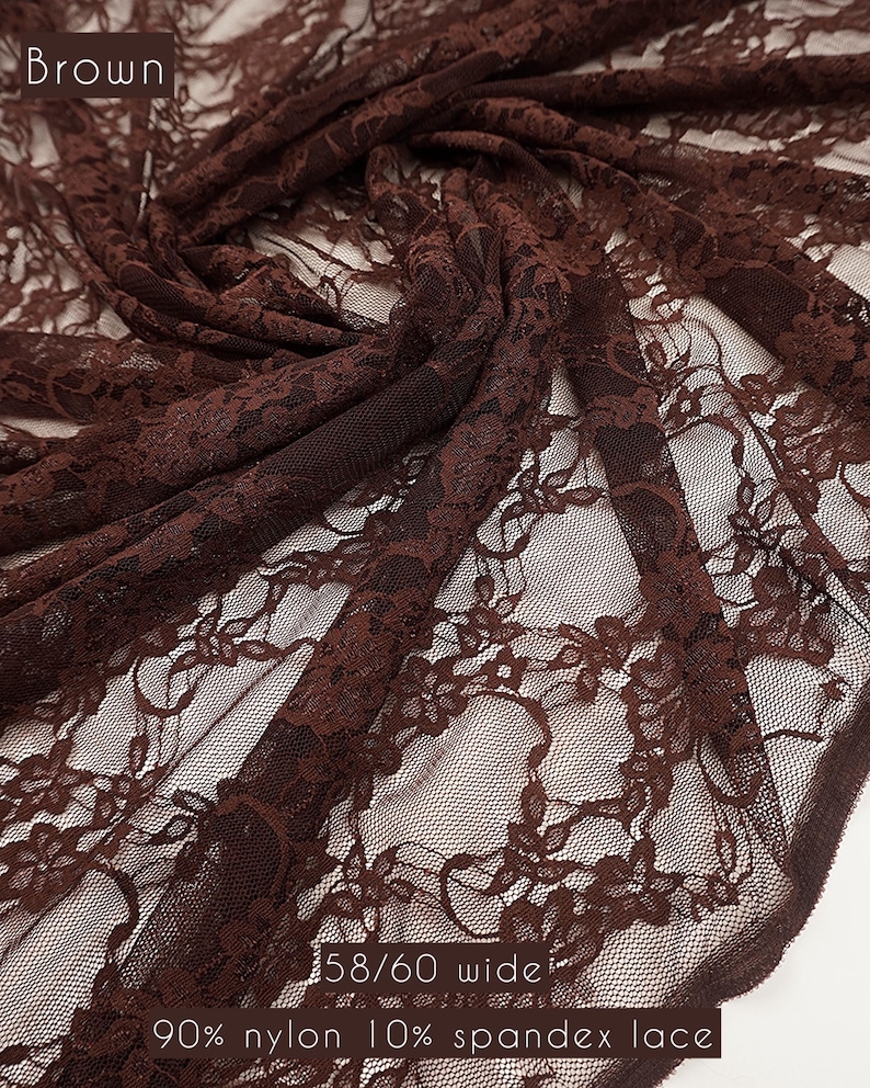 Deep brown vintage floral lace for boho fashion and autumn apparel designs. 80 GSM weight provides excellent recovery and soft texture.