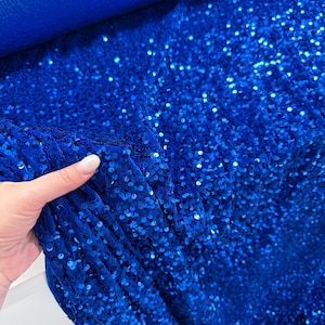 Può includere: Tessuto blu reale con paillettes. Le paillettes sono piccole e densamente impacchettate, creando un effetto scintillante.