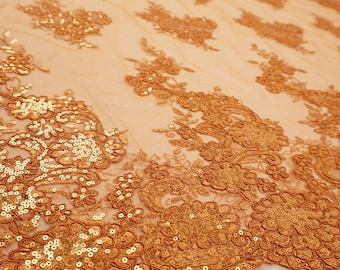 Rust Corded Sequin Lace Fabric | Orange Terracotta Floral Mesh Lace for Bridesmaid & Fall Formal Wear | By the Yard
