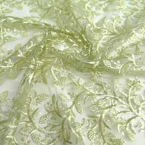Sage Green Mesh Cord Embroidery Fabric by Yard, Sparkle Luxury Lace for Wedding Dresses Shimmer Gowns, Crafts, Wedding, Home Decor Backdrops