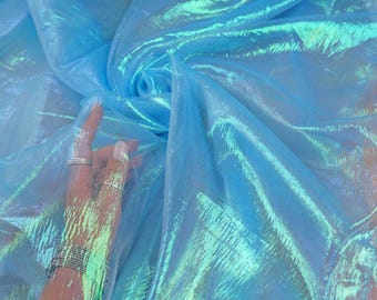 Crushed Iridescent Organza Fabric by the Yard, Turquoise Blue, 58/60" Wide Sheer Shimmer Fabric for Costumes, Mermaid, Decor and Sewing