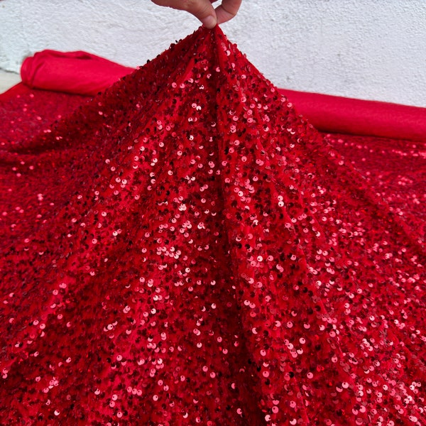 Red Sequins on Stretch Velvet Fabric By Yard 2 Way Stretch Red Velvet Stephanie All-Over Sparkles Sequins, for Bridal Dresses, Gowns, Bows