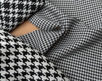 Black White Houndstooth Stretch Suiting Fabric by the Yard, Structured Drape, Rayon Nylon Blend