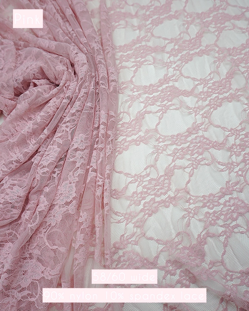 Soft rose pink floral stretch lace for newborn photography props and infant swaddles. Delicate 80 GSM vintage style lace by GalaTextile.