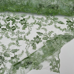Sage Green Floral Lace Fabric by yard, Embroidered Corded With Sequins Fabric Non Stretch Sequined Embroidered On Lace Bridal Wedding Gowns
