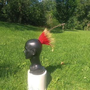 Puede incluir: Un busto de maniquí negro con un tocado de plumas rojas y doradas. La cabeza está montada sobre una base cilíndrica blanca, sobre un fondo de hierba verde y árboles bajo un cielo azul brillante.