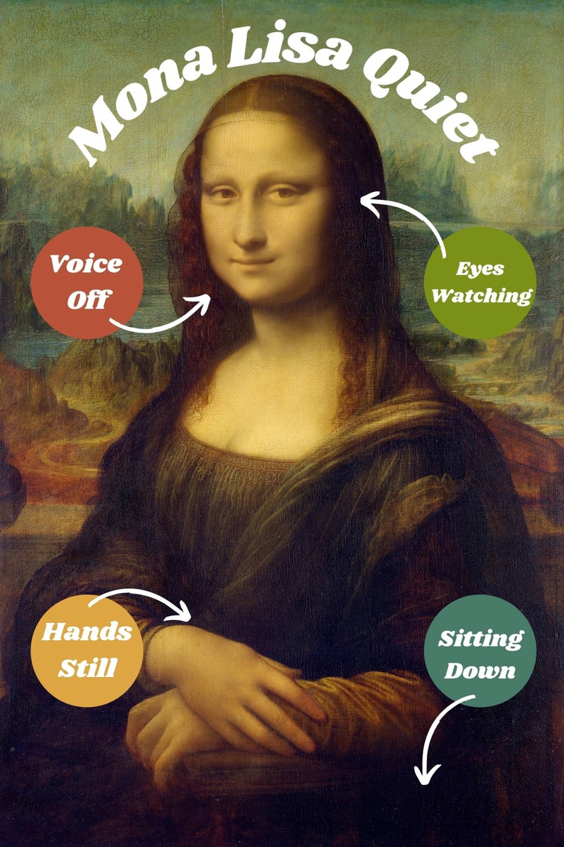 Pu&ograve; includere: Un dipinto della Gioconda con testo sovrapposto all'immagine. Il testo recita "Mona Lisa Quiet" con frecce che puntano a diverse parti del dipinto. Il testo "Voice Off" &egrave; in un cerchio rosso, "Eyes Watching" &egrave; in un cerchio verde, "Hands Still" &egrave; in un cerchio giallo, e "Sitting Down" &egrave; in un cerchio verde.