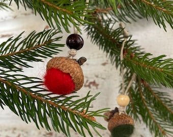 Holiday-themed felted wool acorn hanging ornaments, handmade, different color themes, rustic Christmas and holiday decor
