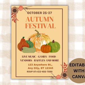 Editable Fall Festival Flyer, Autumn Harvest School Fundraiser Event, Canva