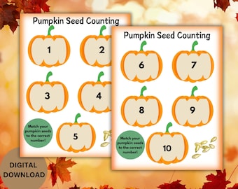 May include: Two printable worksheets with orange pumpkins and numbers 1 through 10. The text "Pumpkin Seed Counting" is at the top of each worksheet. The text "Match your pumpkin seeds to the correct number!" is at the bottom of each worksheet.
