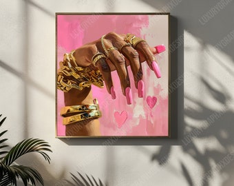 Pink Nail Art Print: Black Woman, Gold Jewelry (Digital Download)
