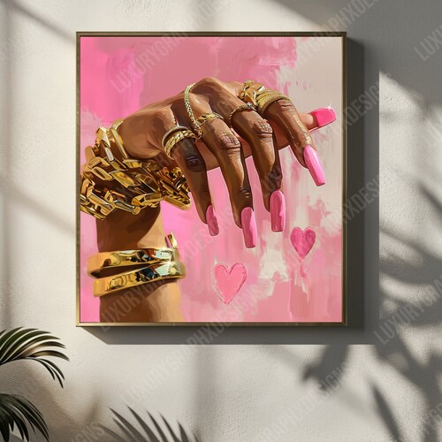 Impression d'ongles roses : femme noire, bijoux en or (téléchargement numérique)