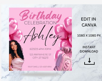 Modelo de panfleto de aniversário editável: convite de comemoração rosa (download digital)