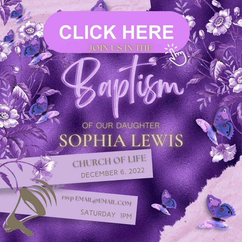 Baptism Invitation Purple Gold White Evite Social Media Post
