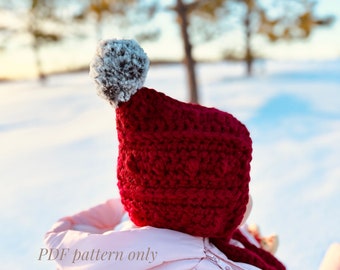 Winter baby bonnet pattern/textured thick wool bonnet/easy crochet pattern/baby hat crochet pattern with pom