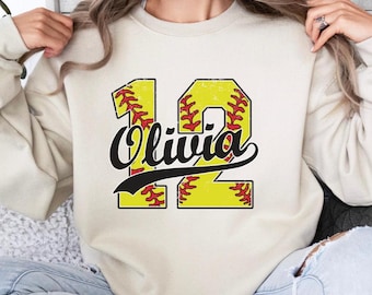 Sudadera de sóftbol personalizada con nombre y número de jugador, suéter personalizado para mamá de sóftbol, ropa para el día del juego, cuello redondo para la temporada de sóftbol
