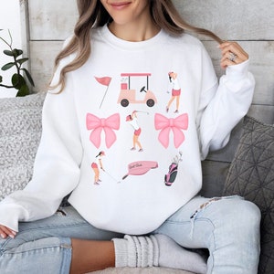 Damska bluza golfowa, różowy sweter golfowy, golfowy sweter z okrągłym dekoltem dla kobiet, uroczy strój golfowy, prezent dla golfisty, prezent dla niej, koszulka dla mamy golfistki