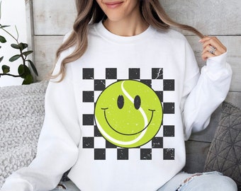 Retro Smiley Face Tennis Ball Sweatshirt, Vintage Style Tennis Sweater for Women, Cute Sports Mom Crewneck, Gifts for Her