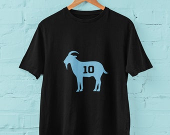 GOAT Lionel Messi shirt in Argentina soccer colors. Number 10 Greatest of all Time T-Shirt.