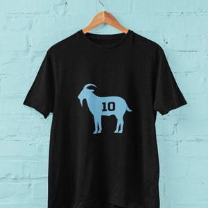 GOAT Lionel Messi shirt in Argentina soccer colors. Number 10 Greatest of all Time T-Shirt.