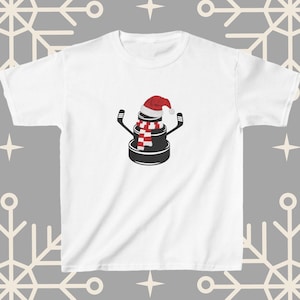 Youth Hockey Puck Snowman T-Shirt, Ice Hockey Christmas Shirt for Kids, Festive Hockey T-Shirt for Boys, Hockey Gifts for Kids