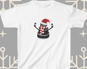 Youth Hockey Puck Snowman T-Shirt, Ice Hockey Christmas Shirt for Kids, Festive Hockey T-Shirt for Boys, Hockey Gifts for Kids