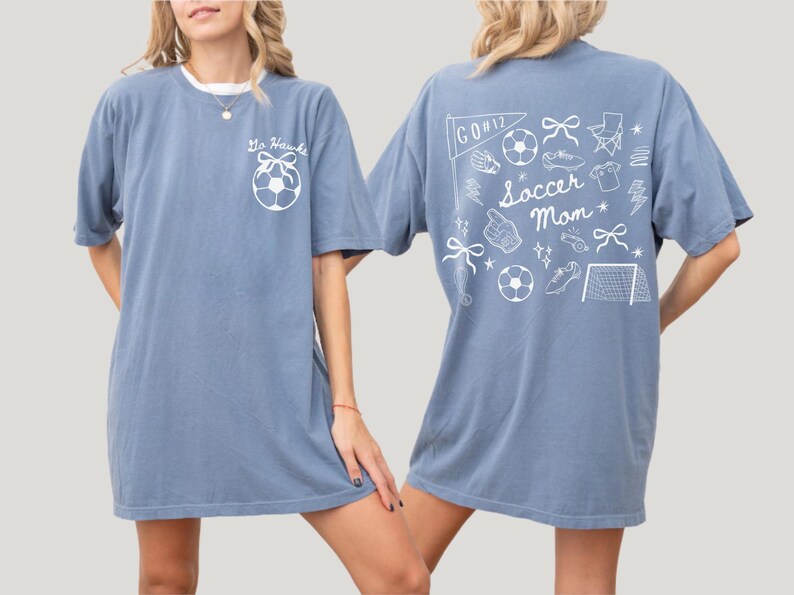 custom soccer t-shirt featuring a unique doodle graphic on the front and back. Customize the team name on the front and player number on the back to show your team pride. Crafted with the comfort colors 1717 tee