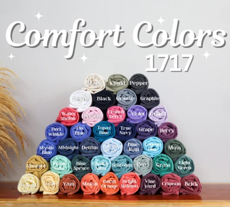 color chart featuring available comfort color 1717 t-shirt options