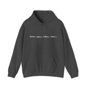 May include: A dark gray hooded sweatshirt with a row of five white racing cars printed on the front.