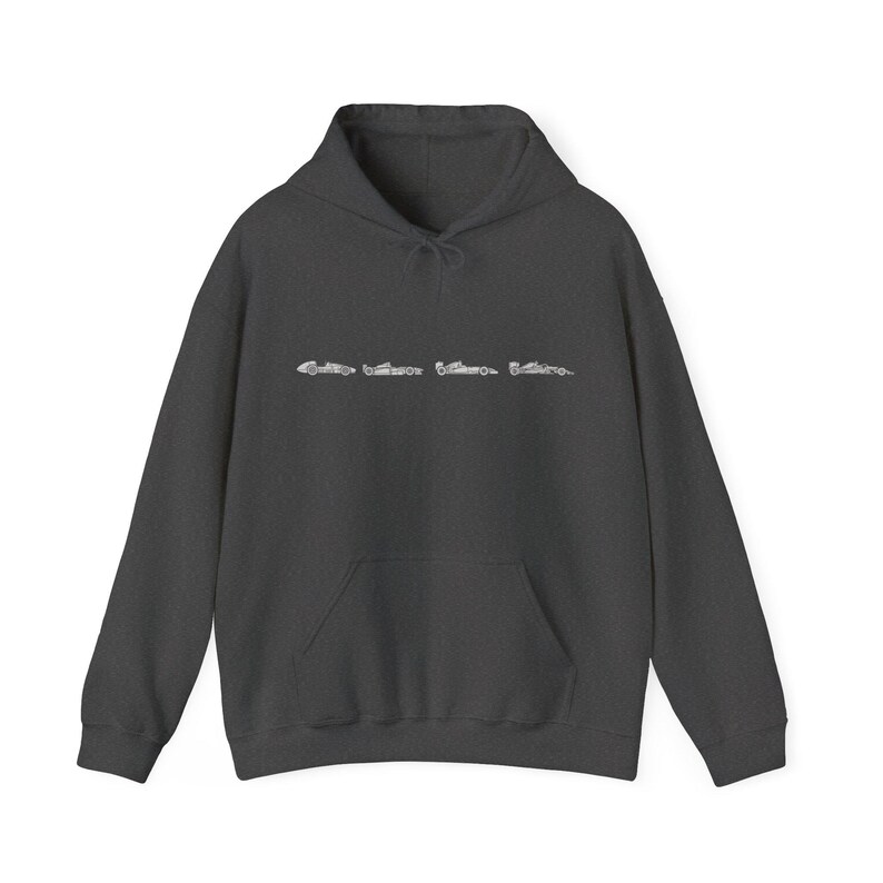 May include: A dark gray hooded sweatshirt with a row of five white racing cars printed on the front.