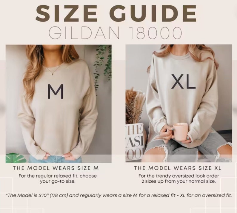 Pu&ograve; includere: Guida alle taglie per le felpe Gildan 18000. La modella indossa una taglia M per una vestibilit&agrave; rilassata e una taglia XL per una vestibilit&agrave; oversize. La modella &egrave; alta 1,78 m.