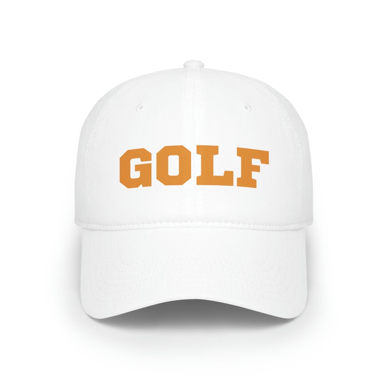 May include: White baseball cap with an orange "GOLF" logo.