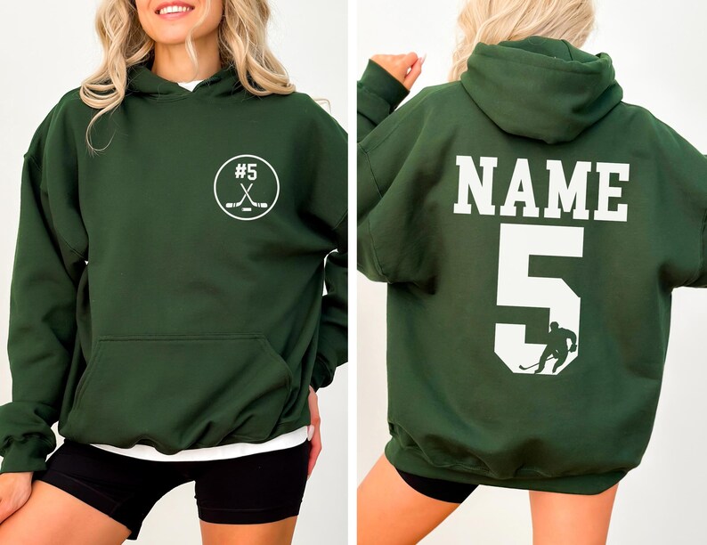 Personalisiertes Hockey Hoodie mit Name und Nummer, personalisierte Hockey Mom Hoodies, Sportbekleidung Forest Green