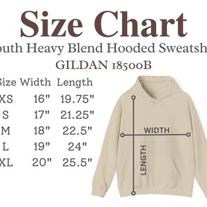 May include: A size chart for a Youth Heavy Blend Hooded Sweatshirt, with measurements in inches. The chart includes sizes XS to XL, with width and length dimensions. The sweatshirt is a light beige color.