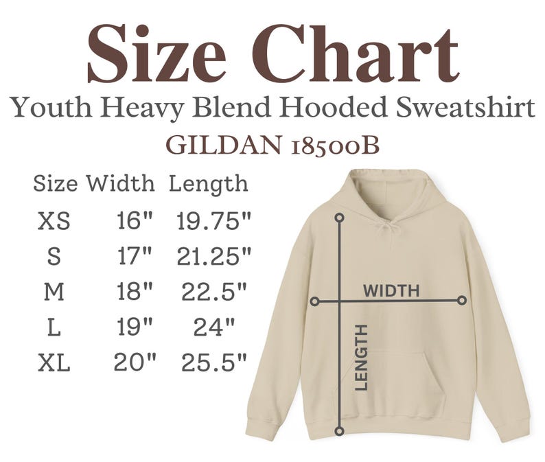 May include: A size chart for a Youth Heavy Blend Hooded Sweatshirt, with measurements in inches. The chart includes sizes XS to XL, with width and length dimensions. The sweatshirt is a light beige color.