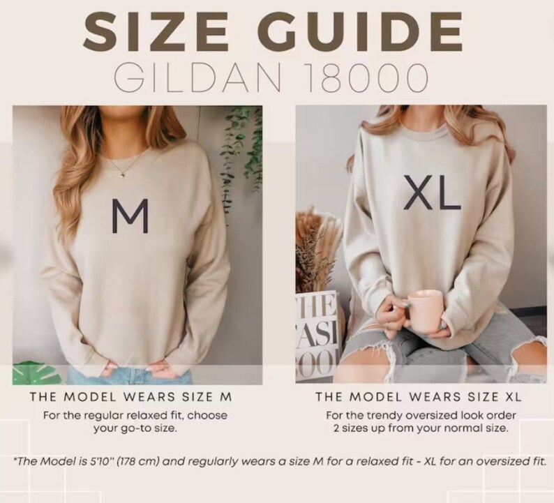 K&ouml;nnte beinhalten: Gr&ouml;&szlig;entabelle f&uuml;r Gildan 18000 Sweatshirts. Das Model tr&auml;gt Gr&ouml;&szlig;e M und Gr&ouml;&szlig;e XL. Der Text besagt, dass das Model 1,78 m gro&szlig; ist und normalerweise Gr&ouml;&szlig;e M f&uuml;r eine lockere Passform und Gr&ouml;&szlig;e XL f&uuml;r eine Oversize-Passform tr&auml;gt.