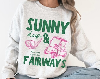 Sudadera de cuello redondo con estampado "Días soleados y campos de golf", ideal como regalo para amantes del golf o como jersey gráfico de verano.