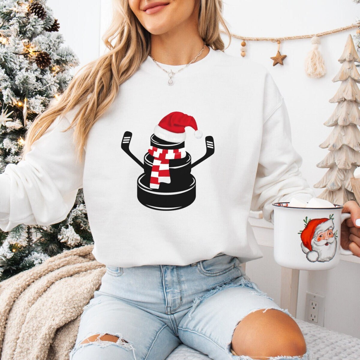 Hockey Puck Snowman Sweatshirt, Christmas Hockey Sweater, Holiday