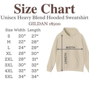 May include: Size chart for a unisex hooded sweatshirt, showing width and length measurements in inches for sizes S through 5XL. The chart is labeled "Unisex Heavy Blend Hooded Sweatshirt GILDAN 18500".