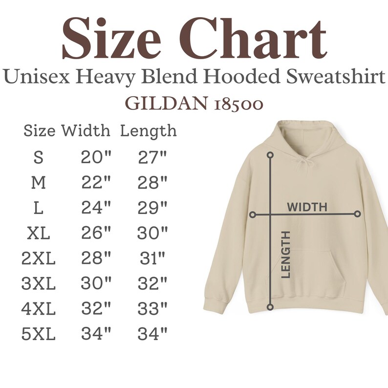 May include: Size chart for a unisex hooded sweatshirt, showing width and length measurements in inches for sizes S through 5XL. The chart is labeled "Unisex Heavy Blend Hooded Sweatshirt GILDAN 18500".